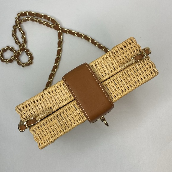 J. McLaughlin Wicker Straw & Leather Rectangle Box Handbag, Gold Hardware, NWOT - Picture 7 of 16